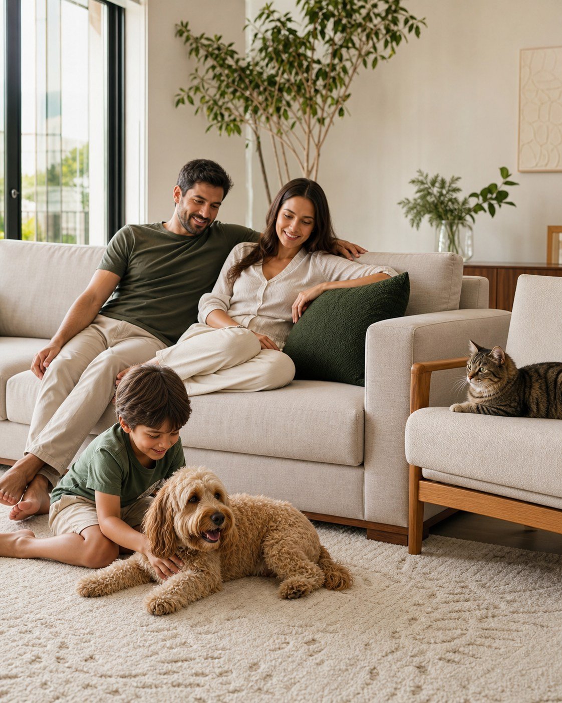 Família adulta relaxando em um sofá limpo com cachorro e gato
