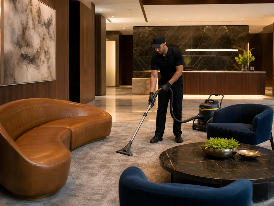 Profissional limpando carpete em recepção de hotel