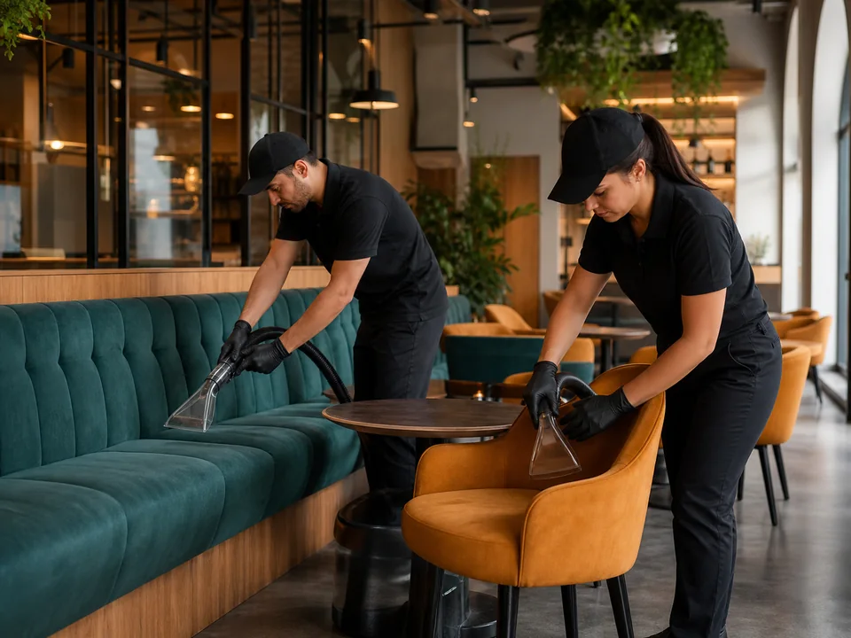 Equipe higienizando bancos e cadeiras em espaço comercial