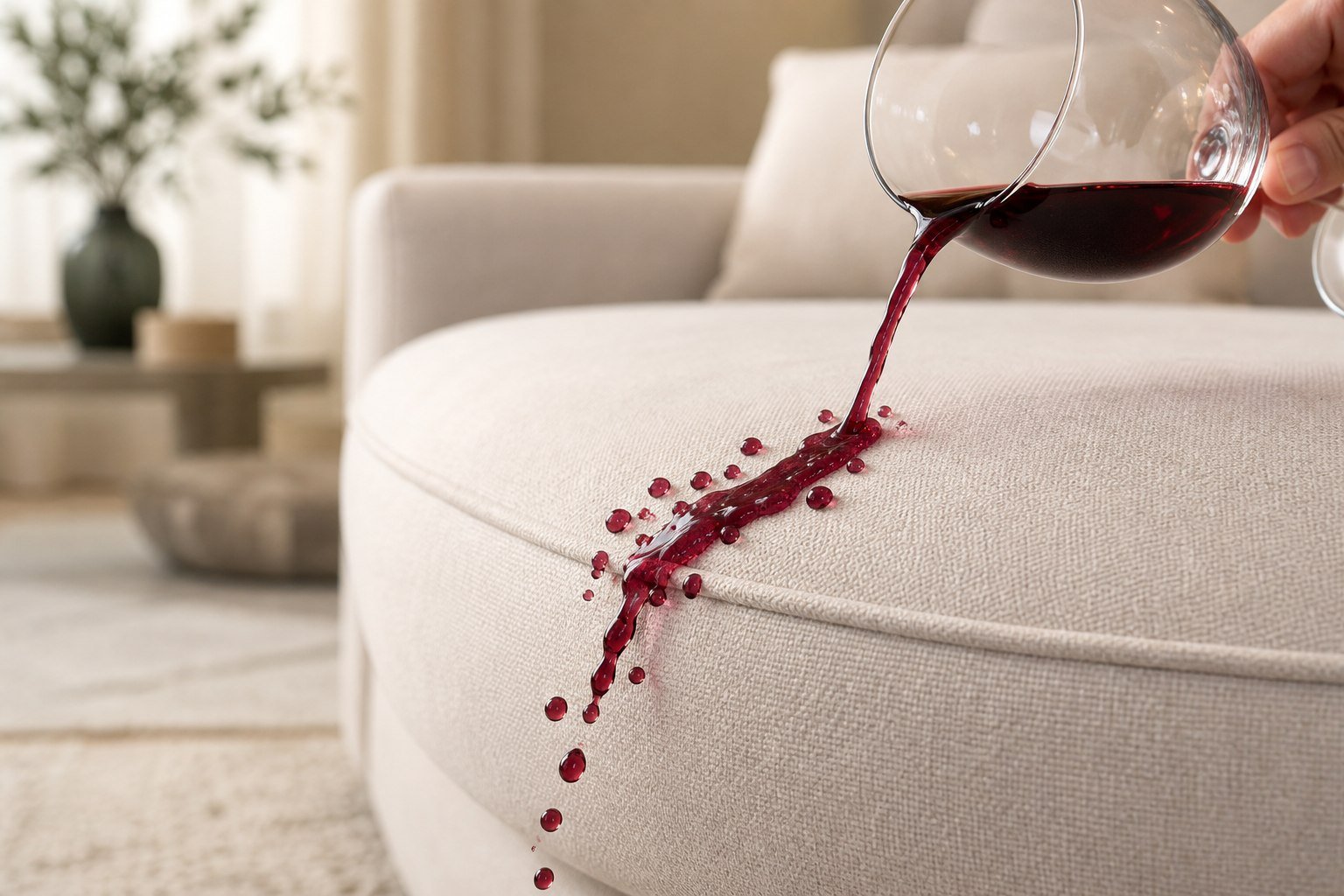 Vinho escorrendo de um sofá impermeabilizado