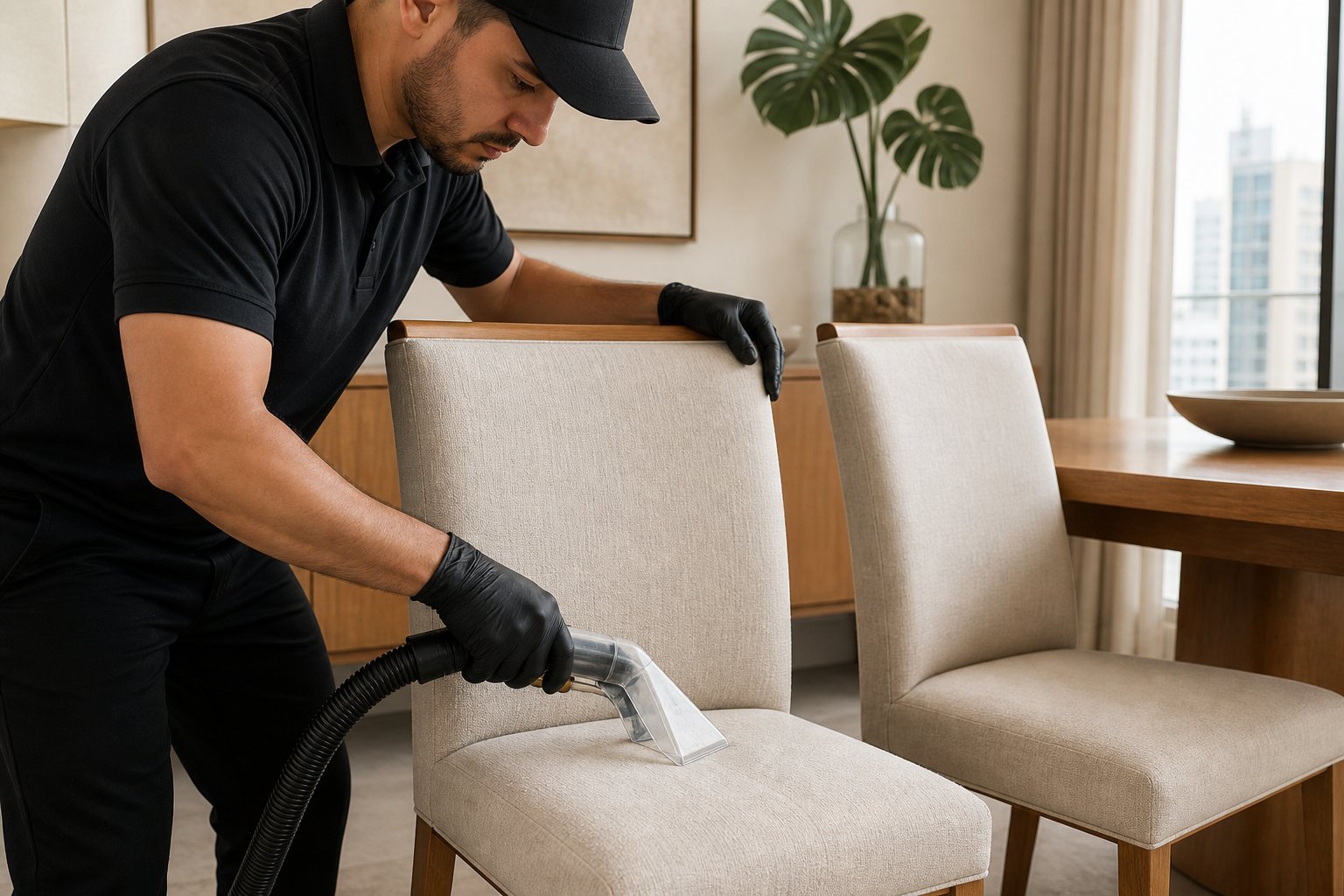 Profissional higienizando cadeiras estofadas